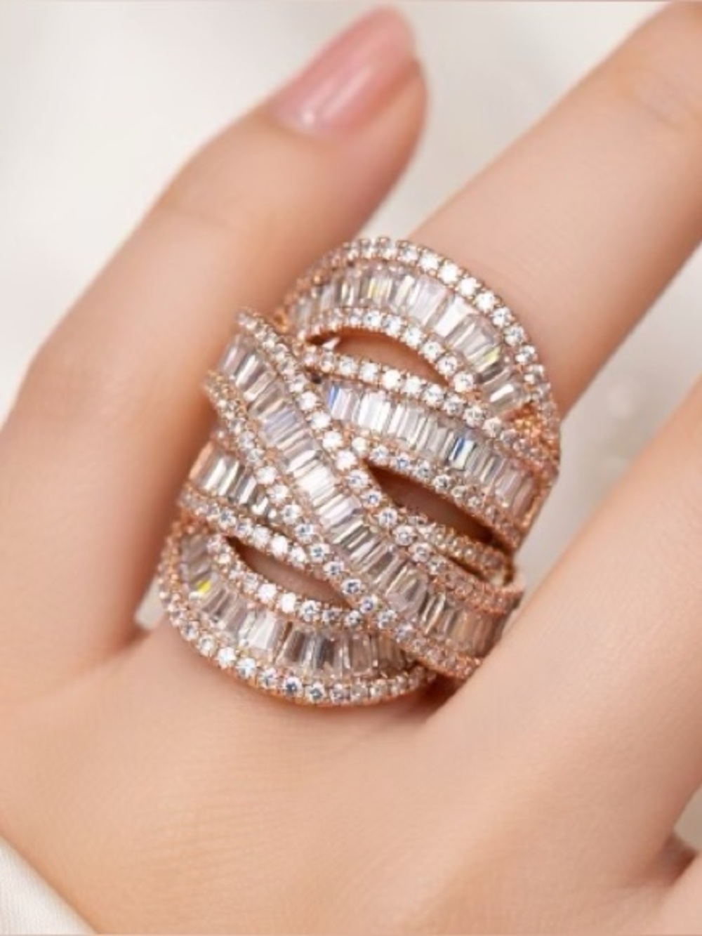 Rose Gold Cocktail Crossover Diamond Baguette SS925 Ring Glam Party Elegant